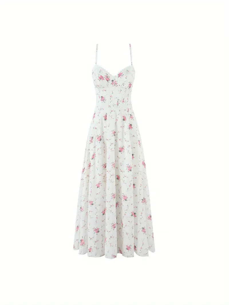 Women'S Floral dress - Elegant Floral print in White, Pastel pink & Green, Sleeveless flared skirt