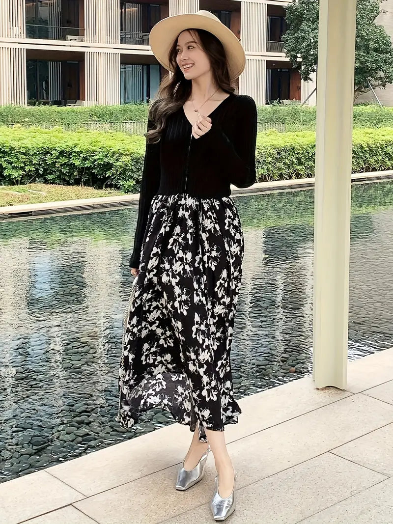 Elegant Floral Midi Dress - V-Neck, Long Sleeve, Pleated Design with Black and White Floral Pattern, Perfect for Spring/Fall, Casual Elegance | Vneck Dress | Pleated Hem, Cute Dresses