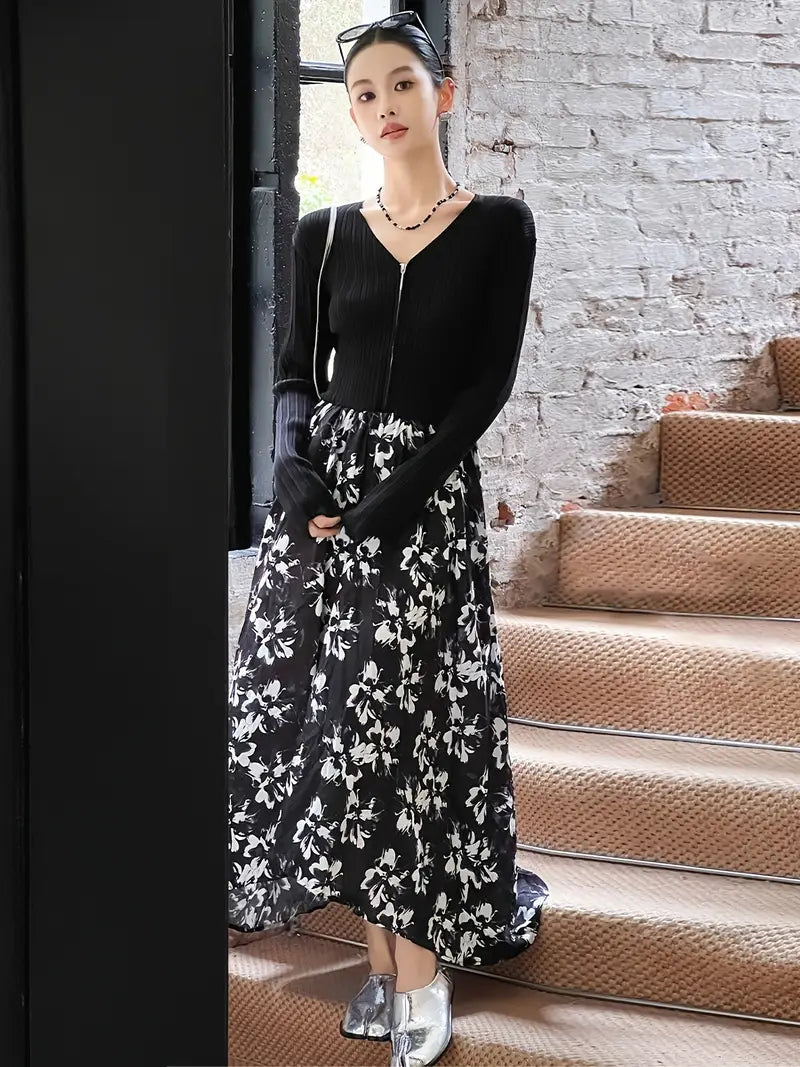 Elegant Floral Midi Dress - V-Neck, Long Sleeve, Pleated Design with Black and White Floral Pattern, Perfect for Spring/Fall, Casual Elegance | Vneck Dress | Pleated Hem, Cute Dresses