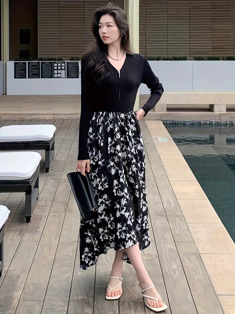 Elegant Floral Midi Dress - V-Neck, Long Sleeve, Pleated Design with Black and White Floral Pattern, Perfect for Spring/Fall, Casual Elegance | Vneck Dress | Pleated Hem, Cute Dresses