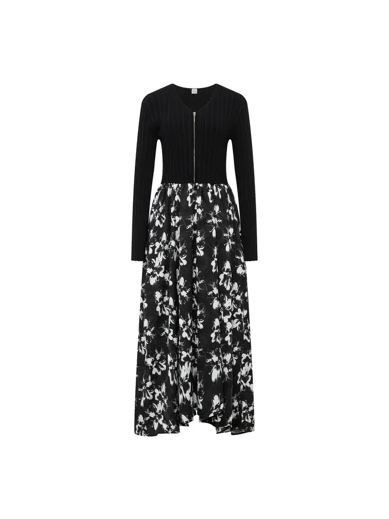 Elegant Floral Midi Dress - V-Neck, Long Sleeve, Pleated Design with Black and White Floral Pattern, Perfect for Spring/Fall, Casual Elegance | Vneck Dress | Pleated Hem, Cute Dresses