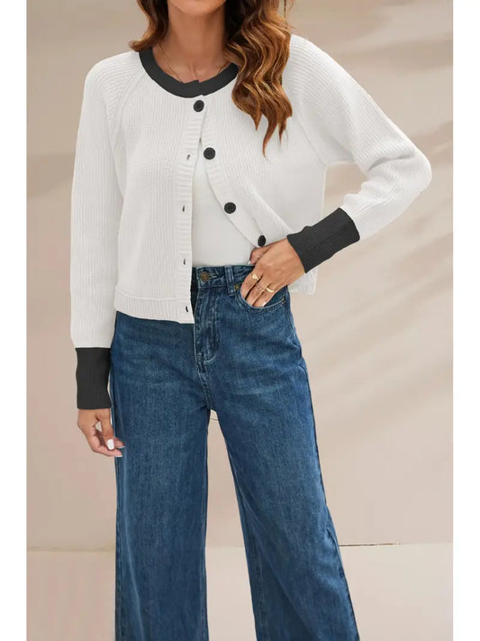Women'S Winter Warm Round Neck Single-Breasted Contrast Color Cardigan Coat - Navy Blue & Light Blue Button-Front Closure, Casual to Semi-Formal Outerwear, Soft Durable Fabric for Fall Winter Layering, Versatile Everyday & Special Occasion Coat