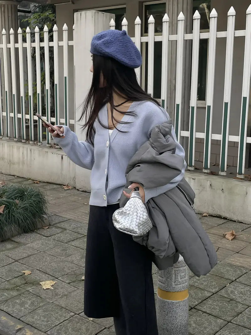 100% Wool Wool Double-Layer Thickened Casual Fashion Women's Sweater Cardigan Autumn and Winter High-End Warm Wool Top Outerwear