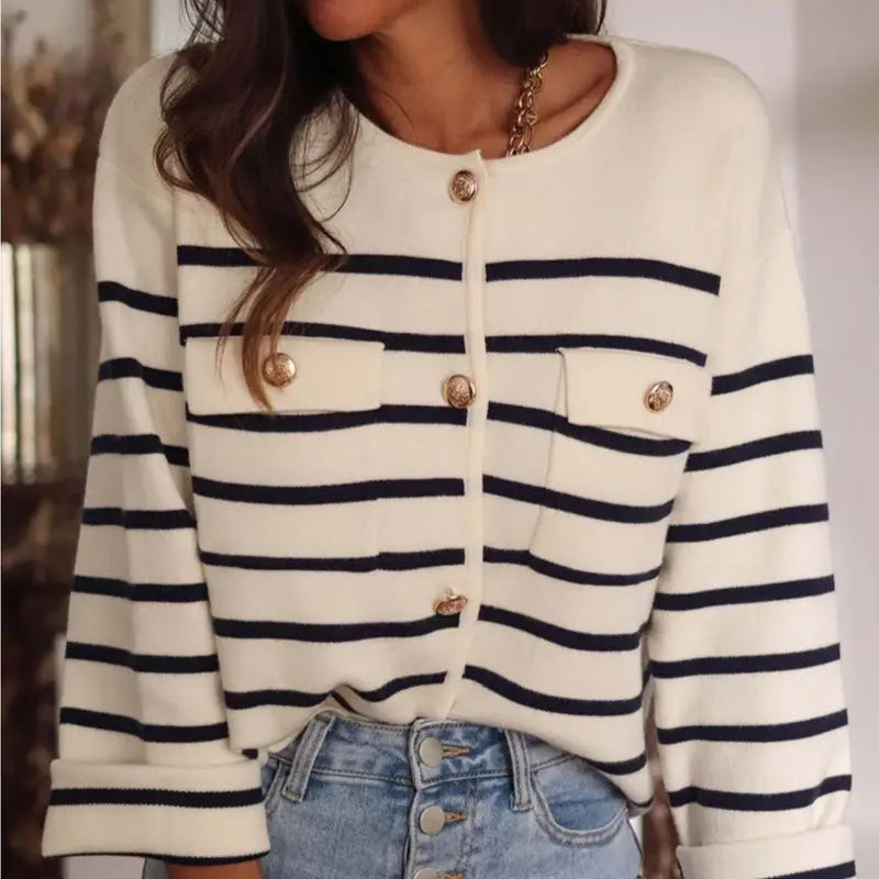 Women'S Black & White Horizontal Stripe Cardigan - Button-Front Closure Coat with Round Neck, Soft Warm Sweater Jacket for Fall/Winter