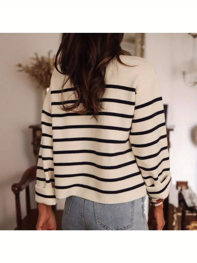 Women'S Black & White Horizontal Stripe Cardigan - Button-Front Closure Coat with Round Neck, Soft Warm Sweater Jacket for Fall/Winter