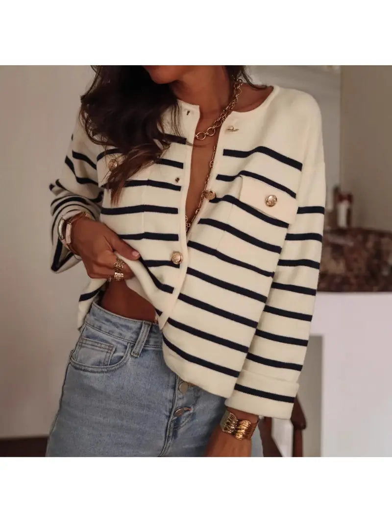 Women'S Black & White Horizontal Stripe Cardigan - Button-Front Closure Coat with Round Neck, Soft Warm Sweater Jacket for Fall/Winter