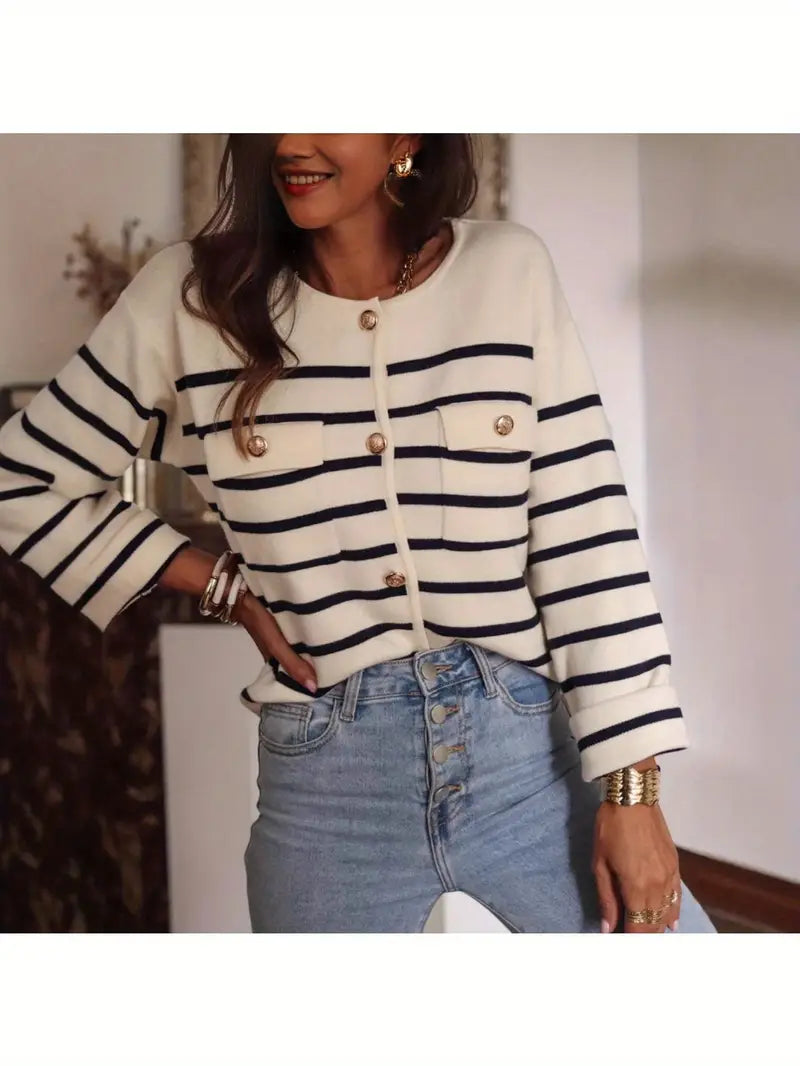 Women'S Black & White Horizontal Stripe Cardigan - Button-Front Closure Coat with Round Neck, Soft Warm Sweater Jacket for Fall/Winter