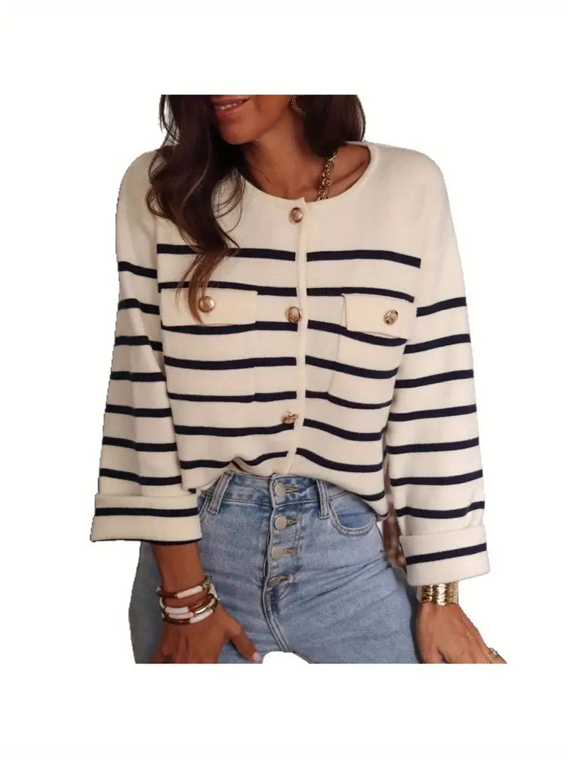 Women'S Black & White Horizontal Stripe Cardigan - Button-Front Closure Coat with Round Neck, Soft Warm Sweater Jacket for Fall/Winter