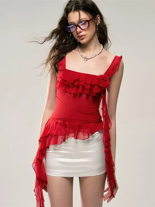Women'S Red Ruffle Trim Cami Top with 3D Floral Mesh Detail - Sleeveless, Round Neck, Summer Casual Wear, Polyester Blend, Machine Washable, Summer Fashion Top | Ruffle Trim Top | Mesh Overlay Top
