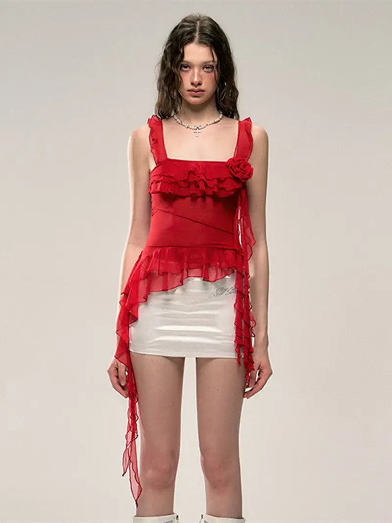 Women'S Red Ruffle Trim Cami Top with 3D Floral Mesh Detail - Sleeveless, Round Neck, Summer Casual Wear, Polyester Blend, Machine Washable, Summer Fashion Top | Ruffle Trim Top | Mesh Overlay Top