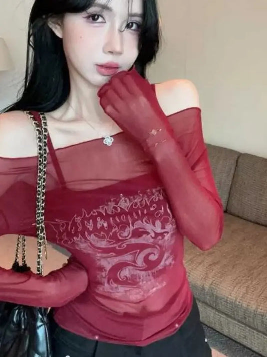 Women Sheer Mesh T-Shirts Gothic Fashion Print Off Shoulder Boat Neck Long Sleeve Slim Fit Casual Tops