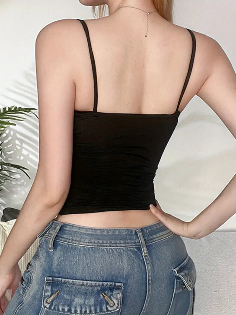 Lace V-Neck Camisole Top, Sheer Polyester Knit Fabric, Sleeveless Backless Sexy Tank Crop Vest for Women, Solid Color Streetwear for Spring/Summer/Fall