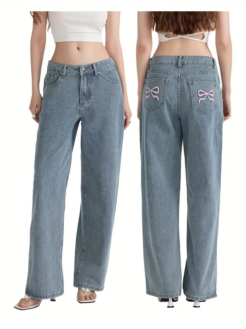 1pc Women'S Casual Wide Leg Jeans - Cotton Blend, Solid Color, All-Season, Woven, Raw Wash, Low Waist with Bow Detail, Zipper Button Closure, Pockets - Loose Fit Trousers for Daily Wear