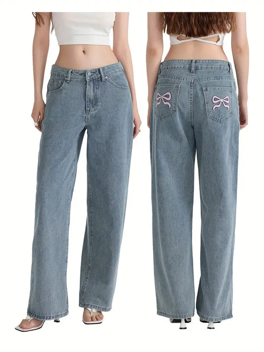 1pc Women'S Casual Wide Leg Jeans - Cotton Blend, Solid Color, All-Season, Woven, Raw Wash, Low Waist with Bow Detail, Zipper Button Closure, Pockets - Loose Fit Trousers for Daily Wear