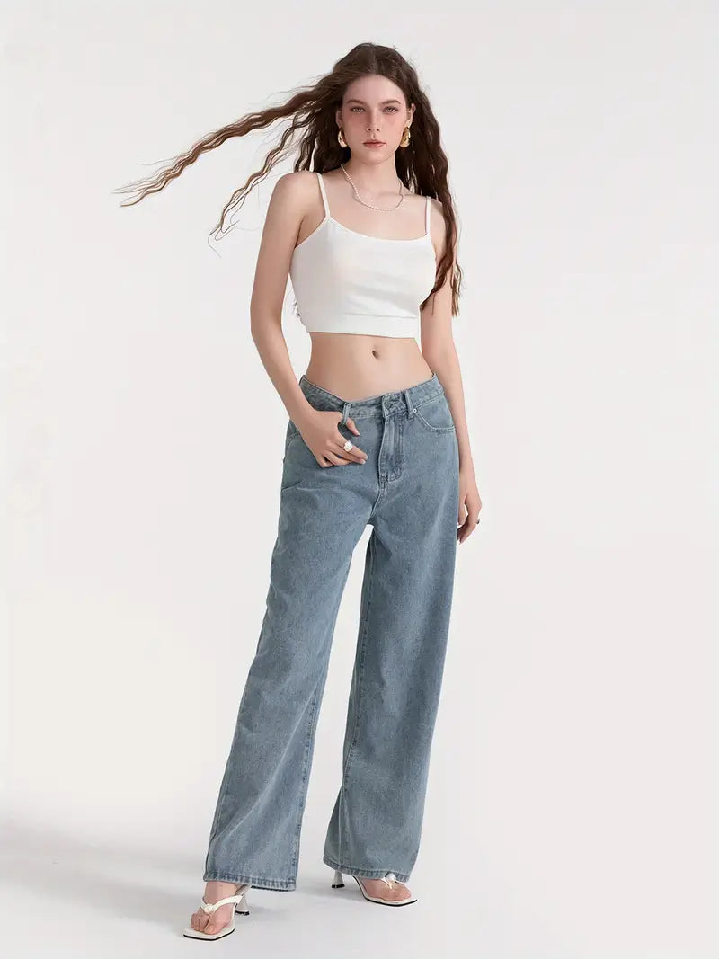 1pc Women'S Casual Wide Leg Jeans - Cotton Blend, Solid Color, All-Season, Woven, Raw Wash, Low Waist with Bow Detail, Zipper Button Closure, Pockets - Loose Fit Trousers for Daily Wear