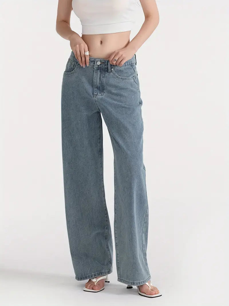 1pc Women'S Casual Wide Leg Jeans - Cotton Blend, Solid Color, All-Season, Woven, Raw Wash, Low Waist with Bow Detail, Zipper Button Closure, Pockets - Loose Fit Trousers for Daily Wear