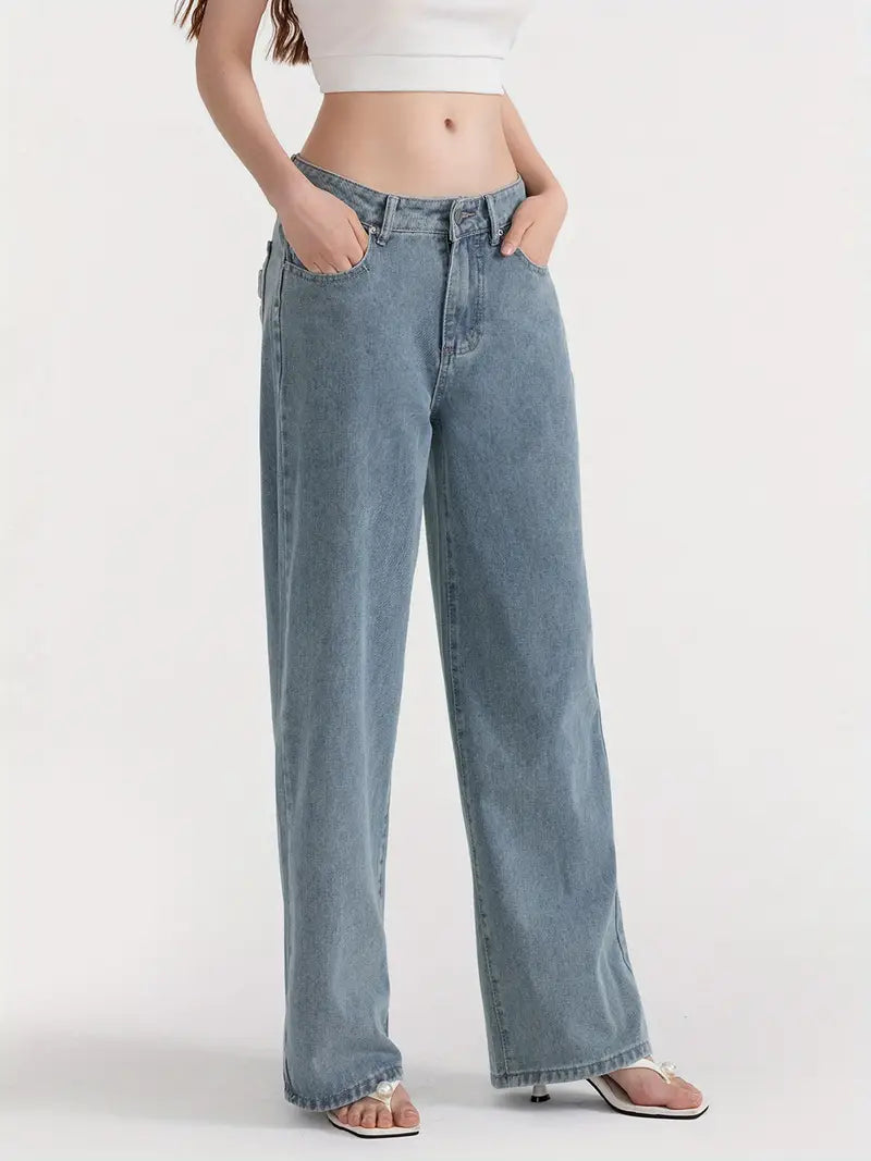 1pc Women'S Casual Wide Leg Jeans - Cotton Blend, Solid Color, All-Season, Woven, Raw Wash, Low Waist with Bow Detail, Zipper Button Closure, Pockets - Loose Fit Trousers for Daily Wear
