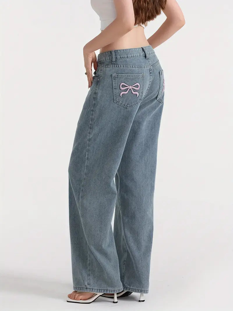 1pc Women'S Casual Wide Leg Jeans - Cotton Blend, Solid Color, All-Season, Woven, Raw Wash, Low Waist with Bow Detail, Zipper Button Closure, Pockets - Loose Fit Trousers for Daily Wear