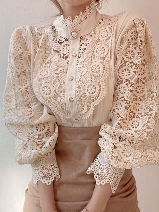 Women's Vintage Elegant Blouse - Navy Blue Lace Shirt with Pearl Buttons, Long Sleeve Button-Front Collar Top for Office, Party
