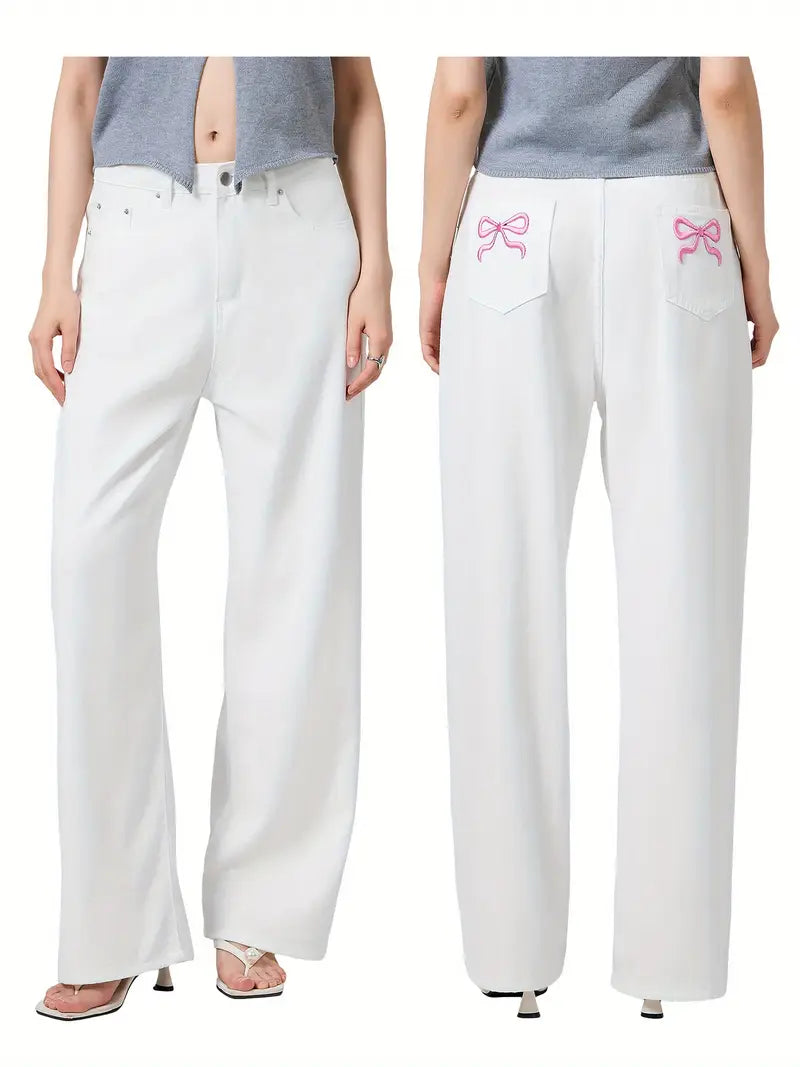 1pc Women'S Casual Wide Leg Jeans - Cotton Blend, Solid Color, All-Season, Woven, Raw Wash, Low Waist with Bow Detail, Zipper Button Closure, Pockets - Loose Fit Trousers for Daily Wear
