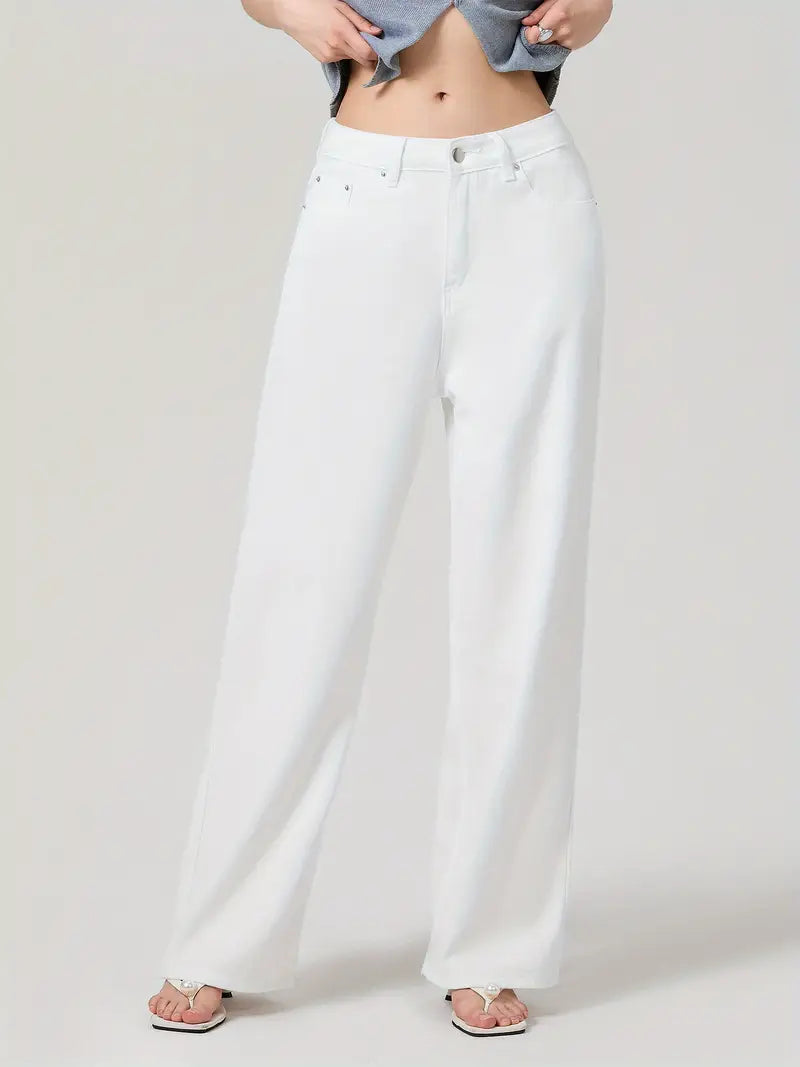 1pc Women'S Casual Wide Leg Jeans - Cotton Blend, Solid Color, All-Season, Woven, Raw Wash, Low Waist with Bow Detail, Zipper Button Closure, Pockets - Loose Fit Trousers for Daily Wear