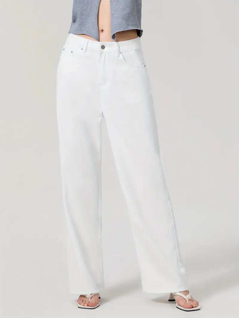 1pc Women'S Casual Wide Leg Jeans - Cotton Blend, Solid Color, All-Season, Woven, Raw Wash, Low Waist with Bow Detail, Zipper Button Closure, Pockets - Loose Fit Trousers for Daily Wear