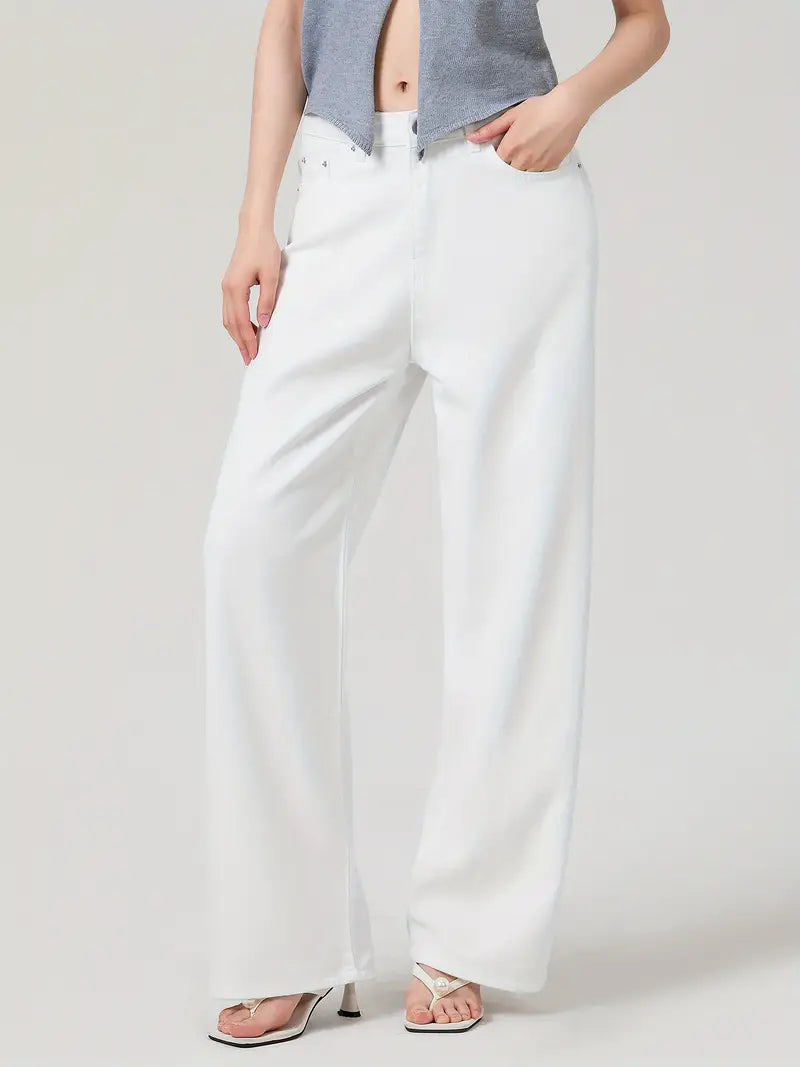 1pc Women'S Casual Wide Leg Jeans - Cotton Blend, Solid Color, All-Season, Woven, Raw Wash, Low Waist with Bow Detail, Zipper Button Closure, Pockets - Loose Fit Trousers for Daily Wear