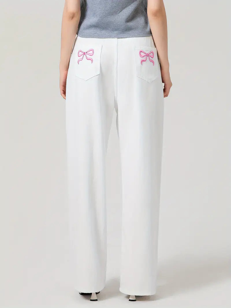 1pc Women'S Casual Wide Leg Jeans - Cotton Blend, Solid Color, All-Season, Woven, Raw Wash, Low Waist with Bow Detail, Zipper Button Closure, Pockets - Loose Fit Trousers for Daily Wear