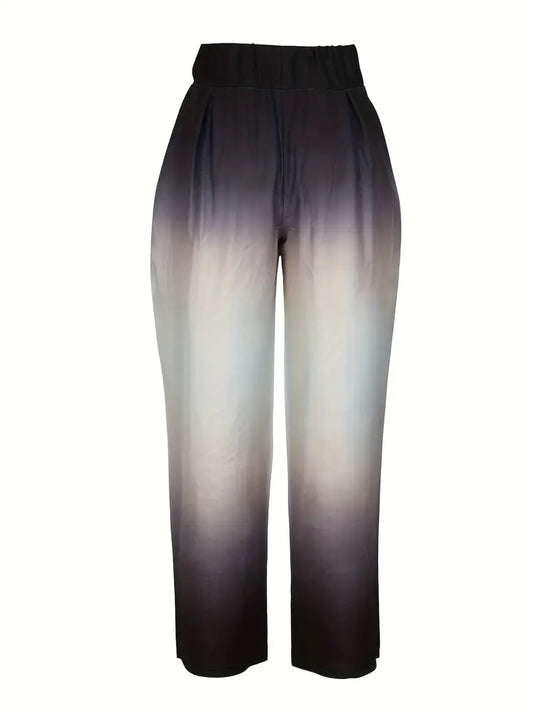 Women's Elegant Ombre Wide-Leg Pants - High Waist with Front Bow Detail, Black to Gray Gradient, Flowing Design, All-Season Comfort for Office & Social Occasions, Cute Pants, Professional Attire, Stylish Gradient, Smooth Texture