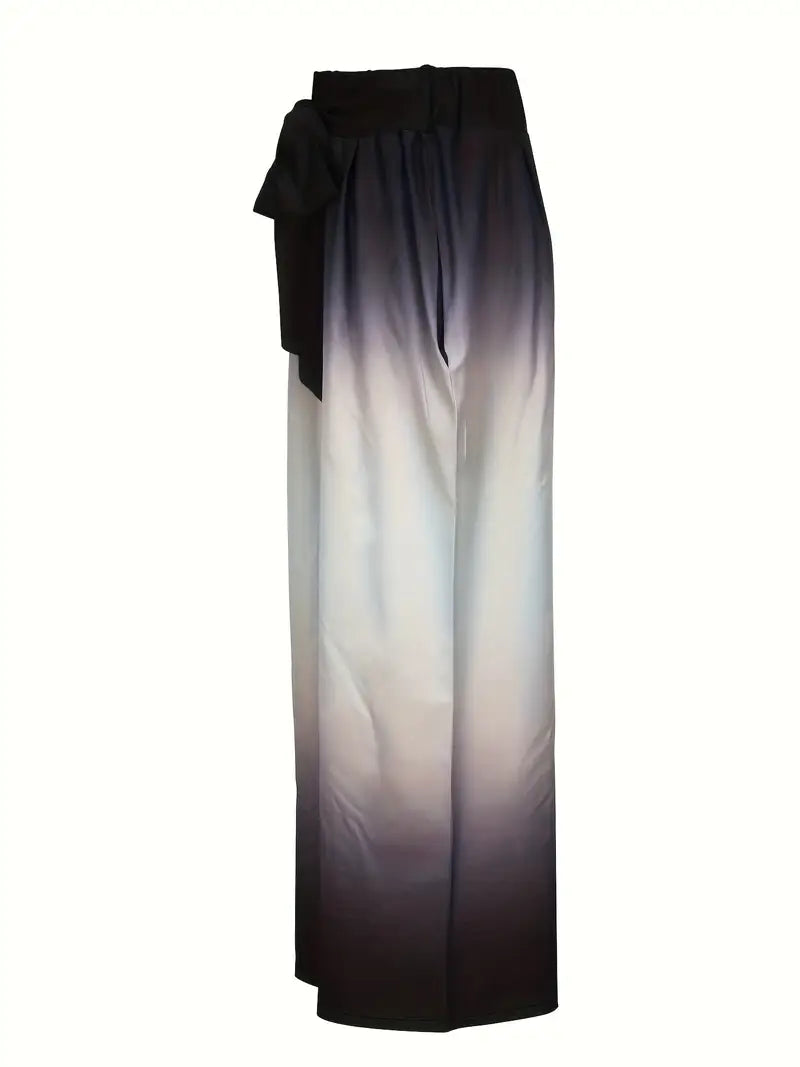 Women's Elegant Ombre Wide-Leg Pants - High Waist with Front Bow Detail, Black to Gray Gradient, Flowing Design, All-Season Comfort for Office & Social Occasions, Cute Pants, Professional Attire, Stylish Gradient, Smooth Texture