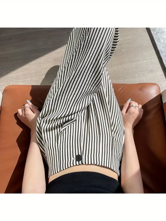 Women'S High-Waist Striped Slouchy Pants - Loose Fit, Wide-Leg Design, Drape Fabric, Black & White Vertical Stripes, Perfect for Work & Casual Outfits, All-Season Comfort, High Waisted Pants