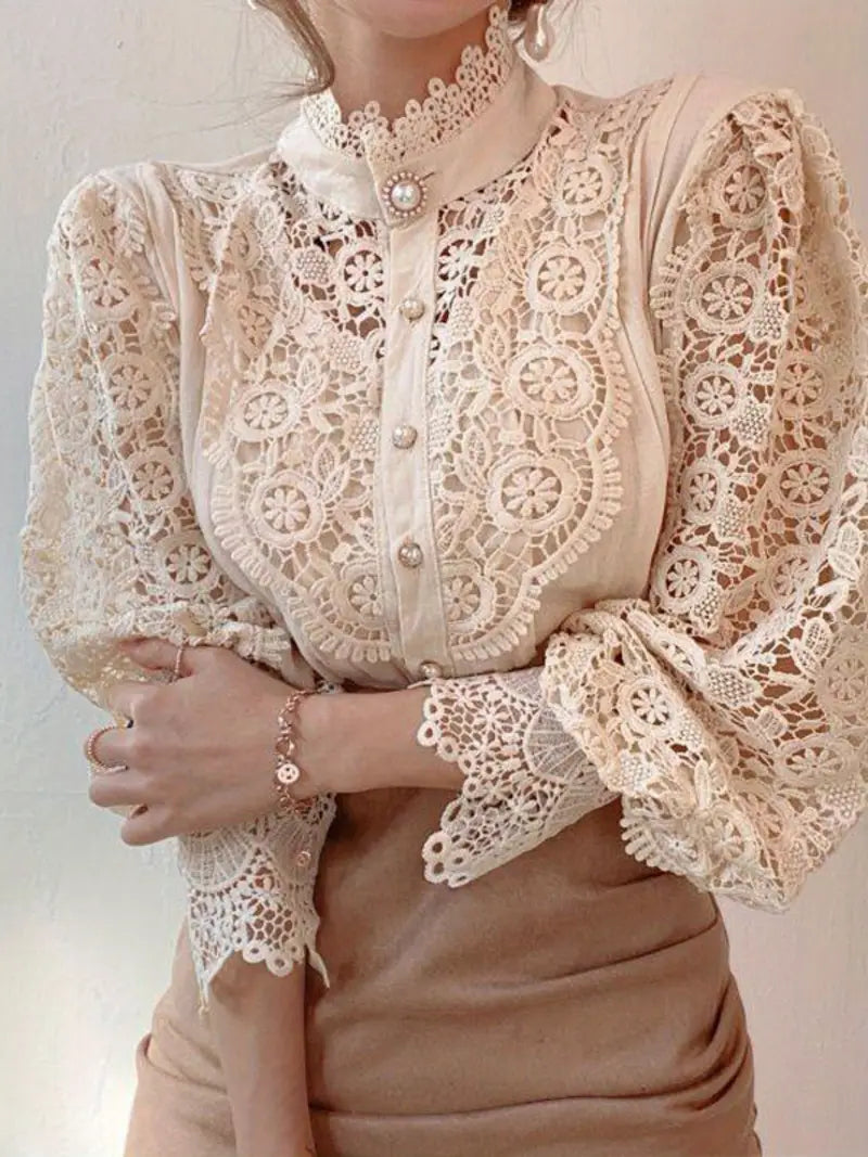 Women's Vintage Elegant Blouse - Navy Blue Lace Shirt with Pearl Buttons, Long Sleeve Button-Front Collar Top for Office, Party