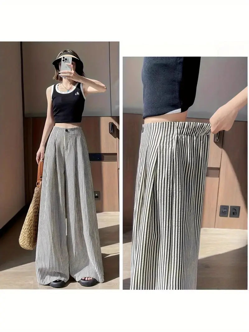 Women'S High-Waist Striped Slouchy Pants - Loose Fit, Wide-Leg Design, Drape Fabric, Black & White Vertical Stripes, Perfect for Work & Casual Outfits, All-Season Comfort, High Waisted Pants