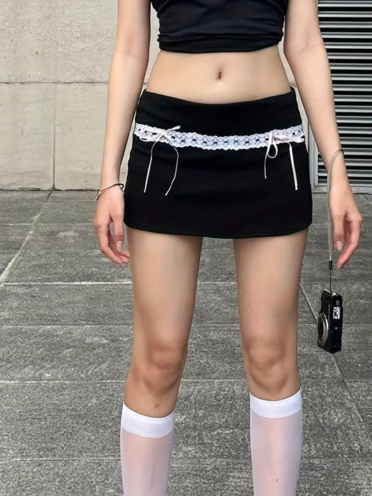 Chic Lace-Trim Bow Bodycon Mini Skirt for Women - Elastic Waist, Perfect for Club & Streetwear, Spring/Summer Collection