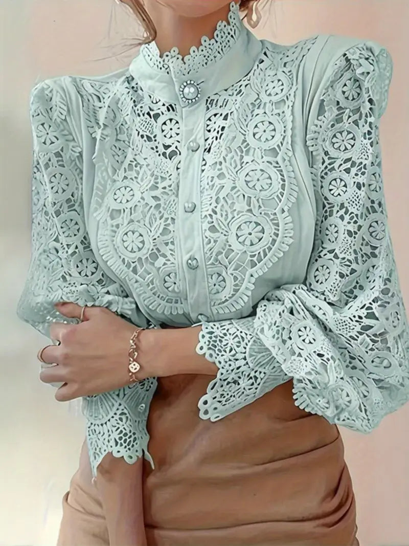 Women's Vintage Elegant Blouse - Navy Blue Lace Shirt with Pearl Buttons, Long Sleeve Button-Front Collar Top for Office, Party