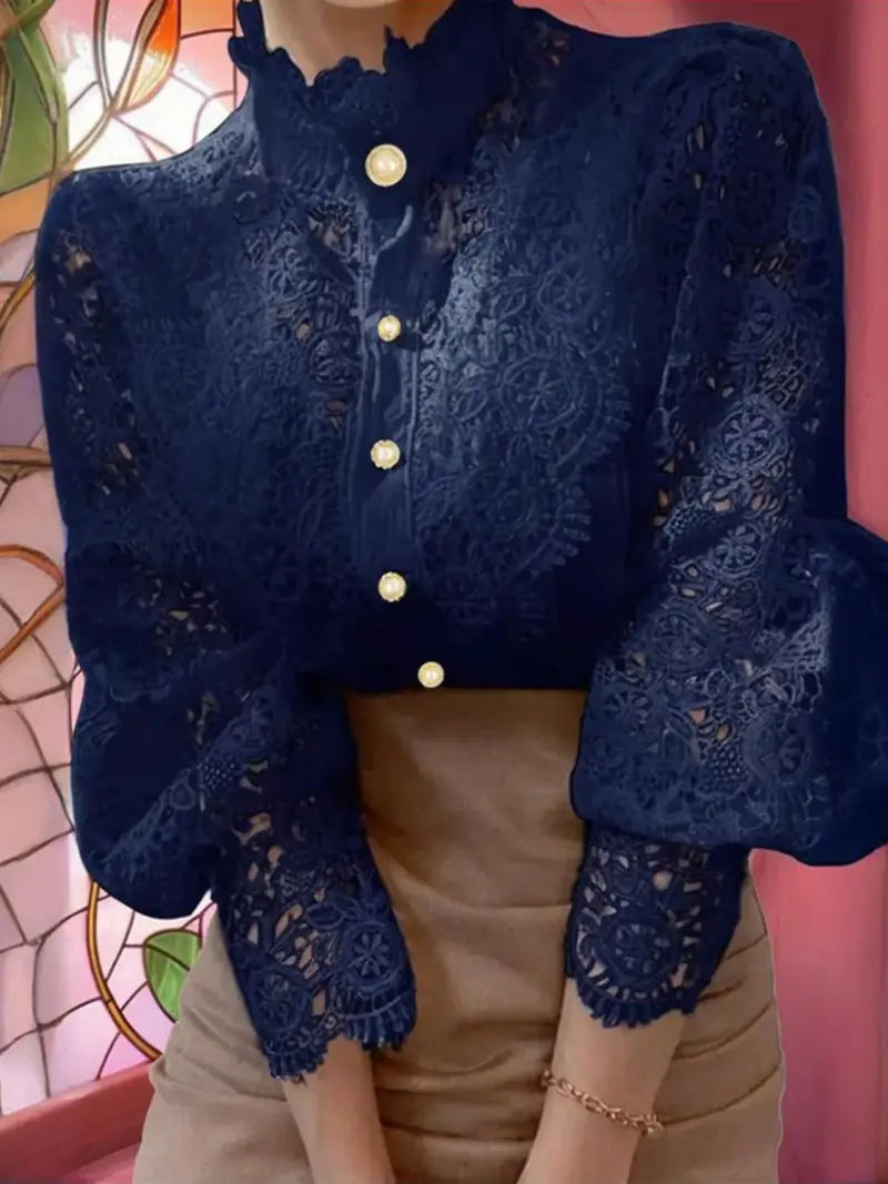 Women's Vintage Elegant Blouse - Navy Blue Lace Shirt with Pearl Buttons, Long Sleeve Button-Front Collar Top for Office, Party