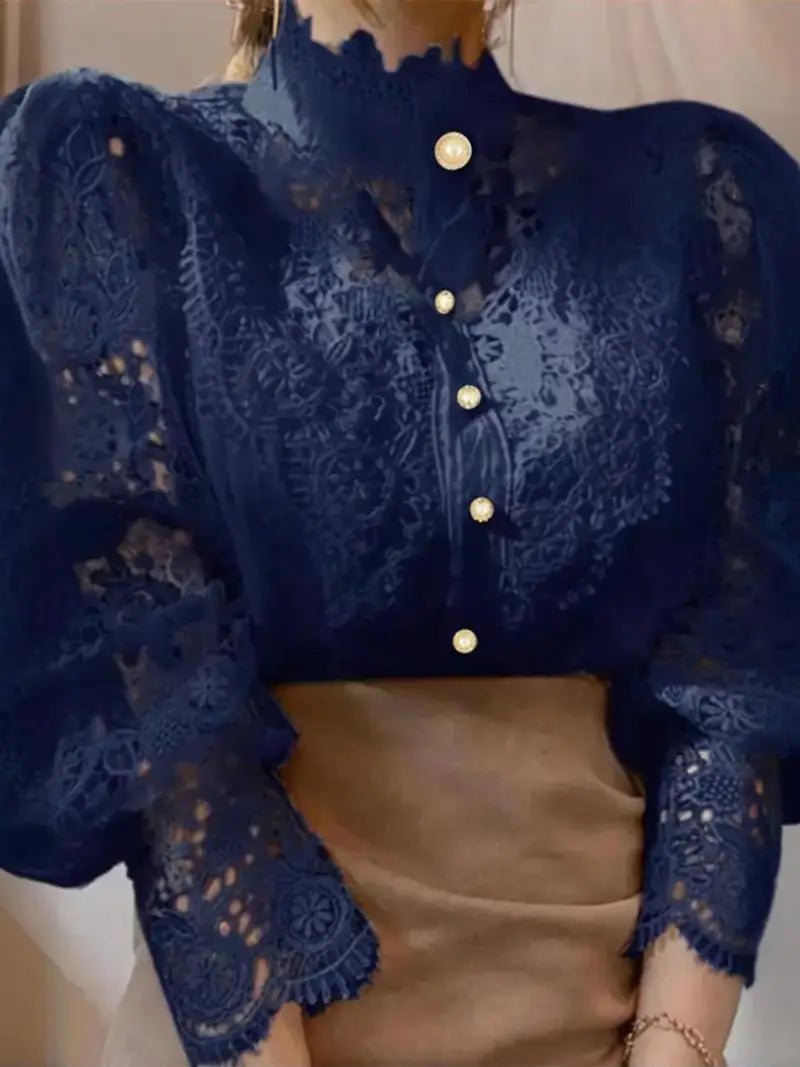 Women's Vintage Elegant Blouse - Navy Blue Lace Shirt with Pearl Buttons, Long Sleeve Button-Front Collar Top for Office, Party
