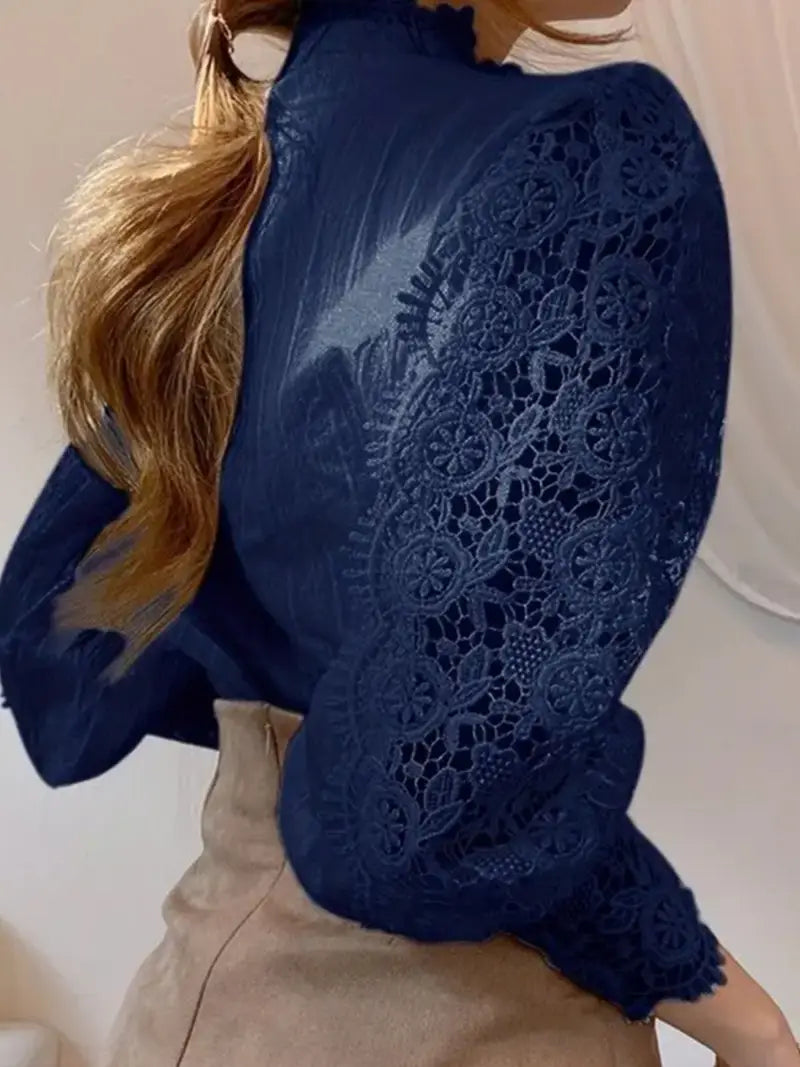 Women's Vintage Elegant Blouse - Navy Blue Lace Shirt with Pearl Buttons, Long Sleeve Button-Front Collar Top for Office, Party