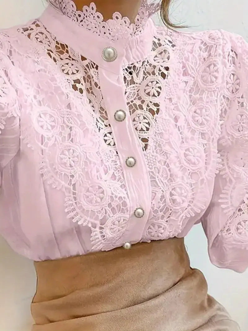 Women's Vintage Elegant Blouse - Navy Blue Lace Shirt with Pearl Buttons, Long Sleeve Button-Front Collar Top for Office, Party