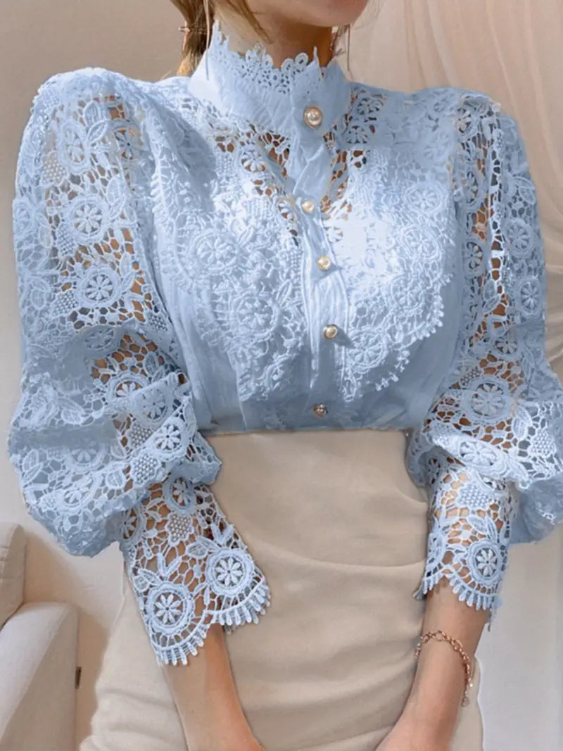 Women's Vintage Elegant Blouse - Navy Blue Lace Shirt with Pearl Buttons, Long Sleeve Button-Front Collar Top for Office, Party