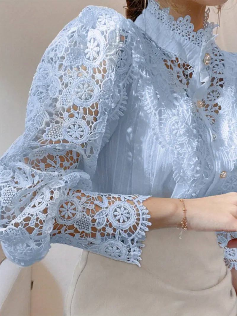 Women's Vintage Elegant Blouse - Navy Blue Lace Shirt with Pearl Buttons, Long Sleeve Button-Front Collar Top for Office, Party