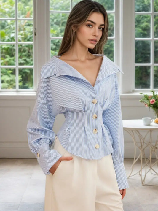Women's Elegant Light Blue & White Striped Puff Sleeve Blouse - Structured Collar Long Sleeve Top with Ruched Waist-Cinching, Button Front Closure, Machine Washable Spring/Fall Casual to Formal Shirt