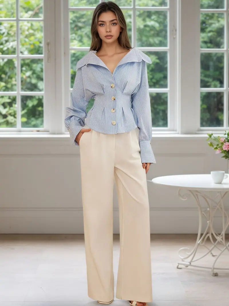Women's Elegant Light Blue & White Striped Puff Sleeve Blouse - Structured Collar Long Sleeve Top with Ruched Waist-Cinching, Button Front Closure, Machine Washable Spring/Fall Casual to Formal Shirt